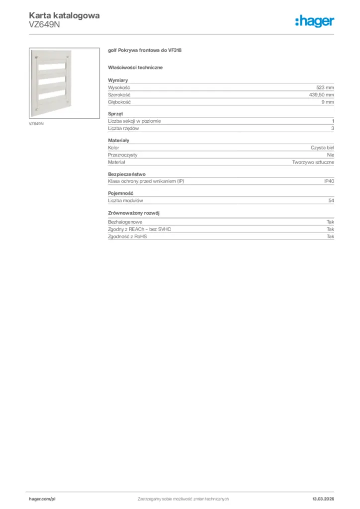 Zdjęcie Hager Karta katalogowa VZ649N | Hager Polska