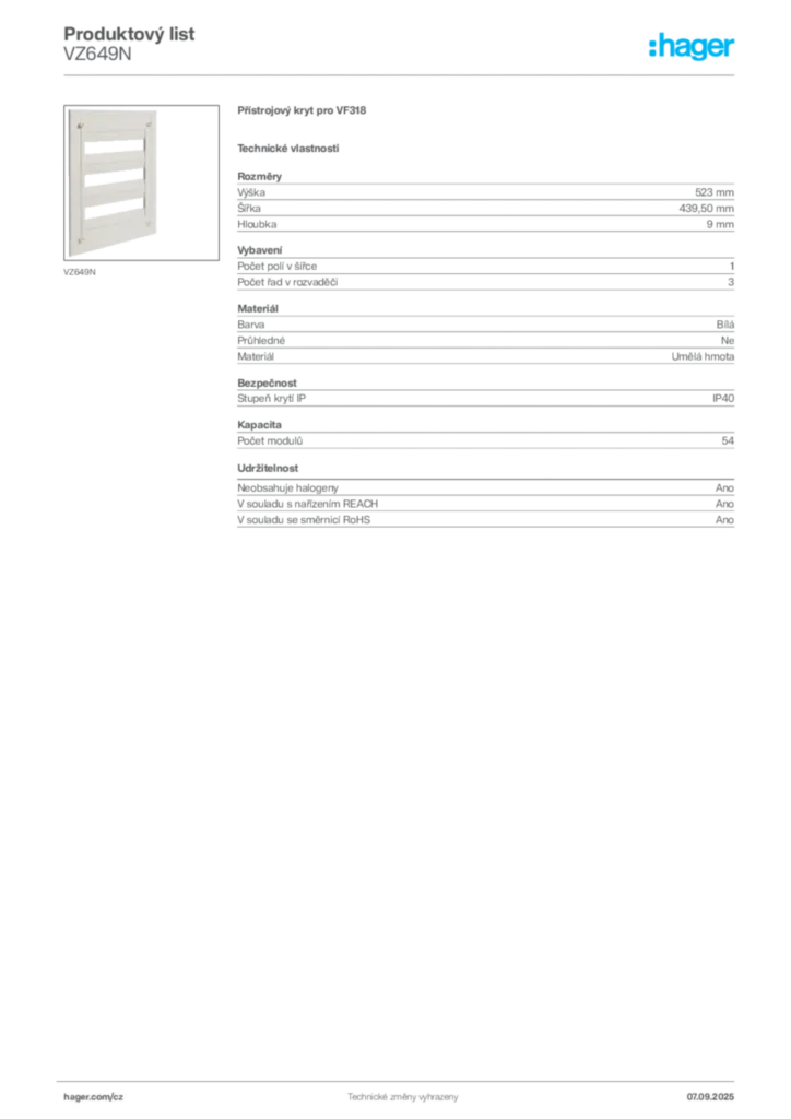 Obrázek Hager Produktový list VZ649N | Hager