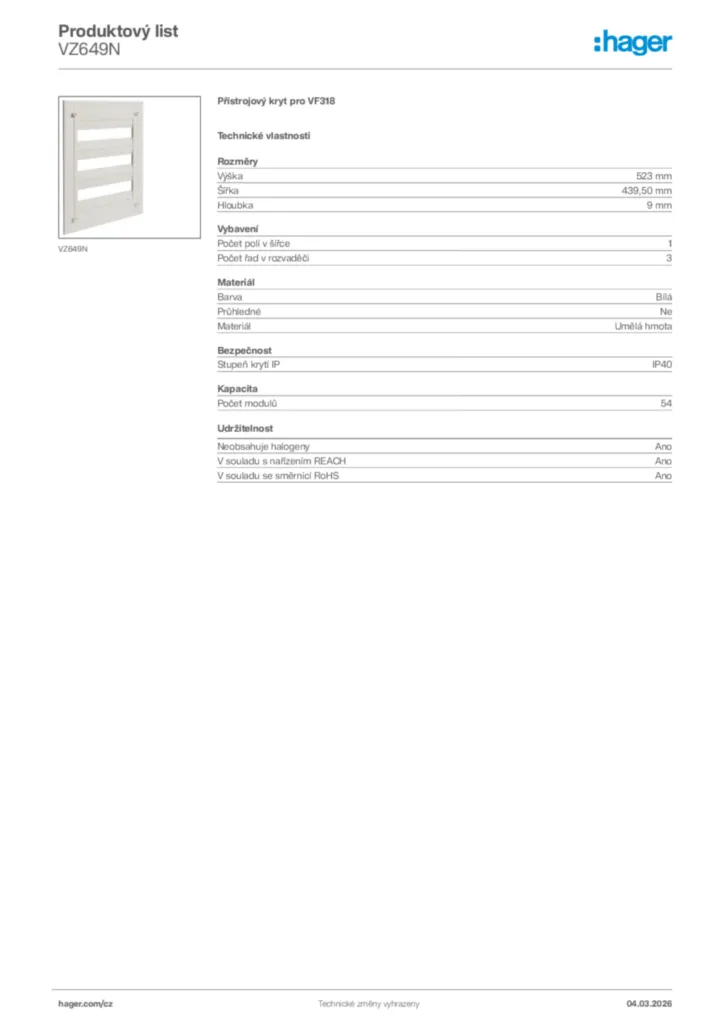 Obrázek Hager Product data sheet VZ649N | Hager