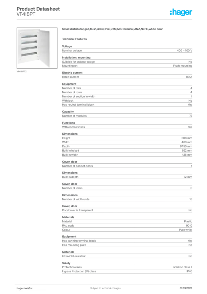 Image Hager Product data sheet VF418PT  | Hager New Zealand