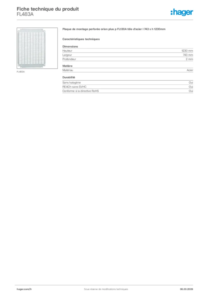 Image Hager Fiche technique du produit FL483A | Hager France