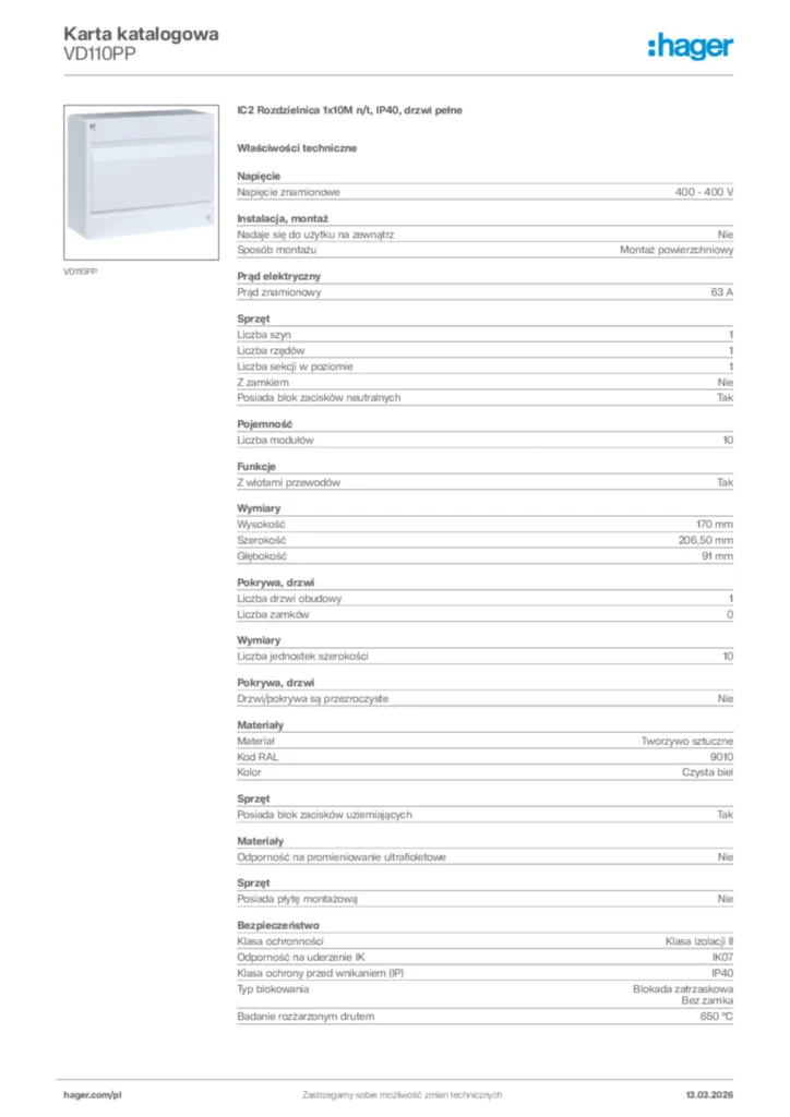 Zdjęcie Hager Karta katalogowa VD110PP | Hager Polska