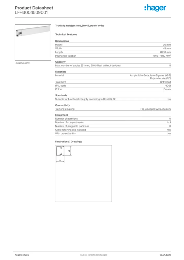 Image Hager Product data sheet LFH3004509001  | Hager Australia
