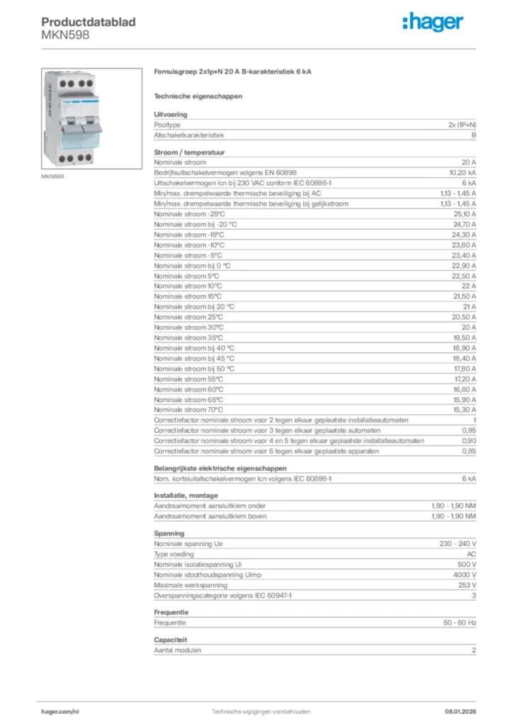 Afbeelding Hager Productdatablad MKN598 | Hager Nederland