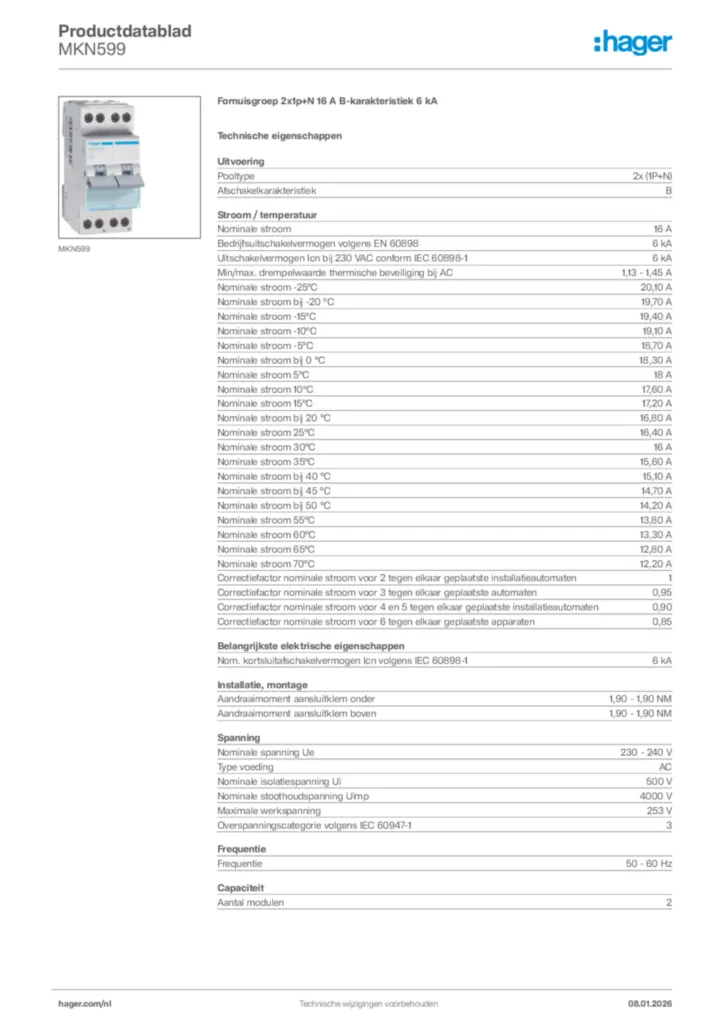 Afbeelding Hager Productdatablad MKN599 | Hager Nederland