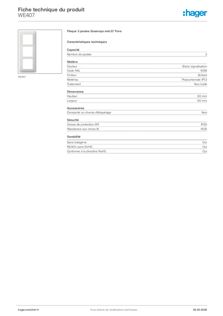 Image Hager Fiche technique du produit WE407 | Hager Afrique