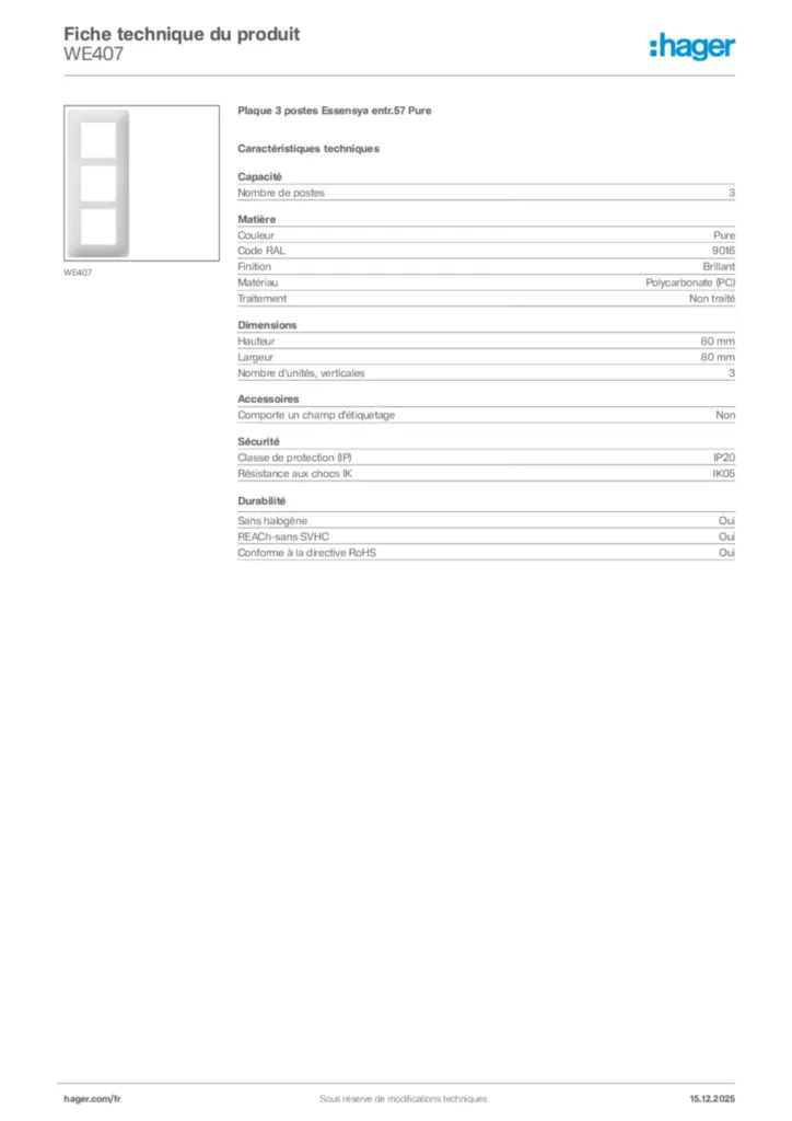 Image Hager Fiche technique du produit WE407 | Hager France