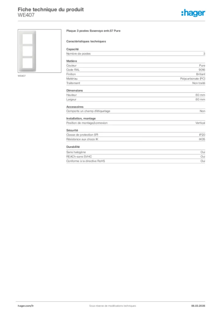 Image Hager Fiche technique du produit WE407 | Hager France