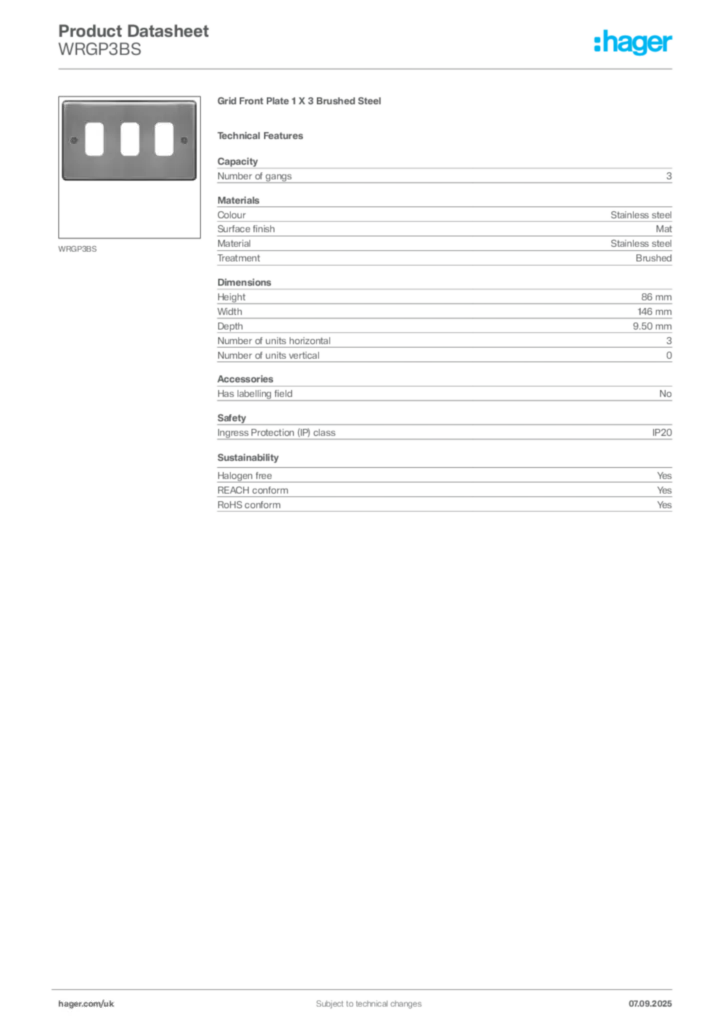 Image Hager Product data sheet WRGP3BS  | Hager