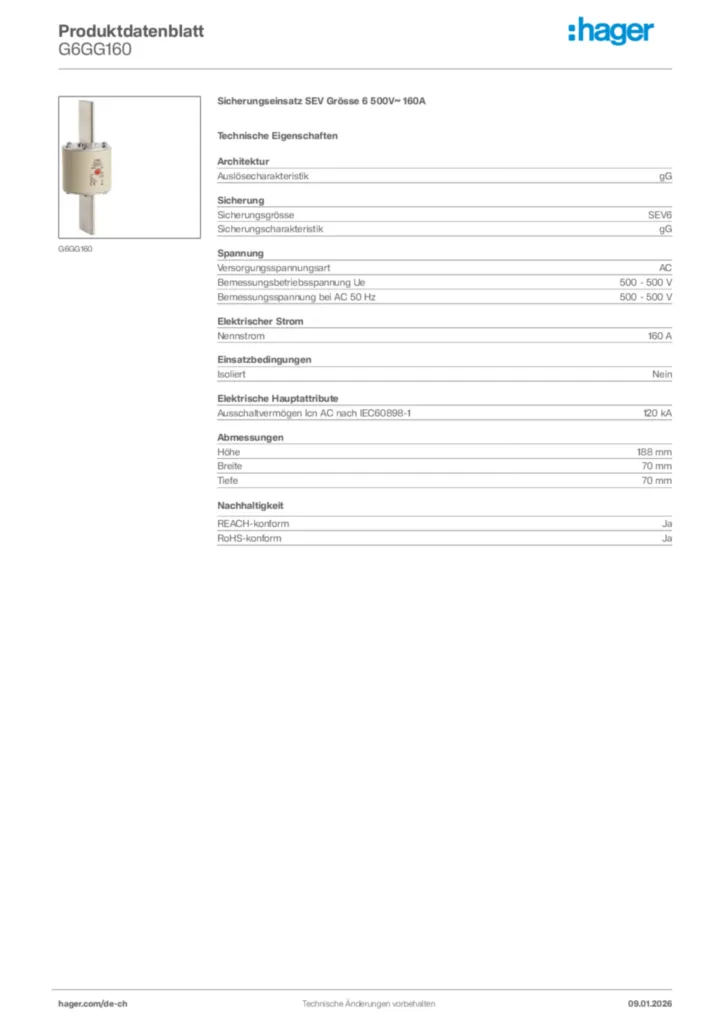 Bild Hager Produktdatenblatt G6GG160 | Hager Schweiz