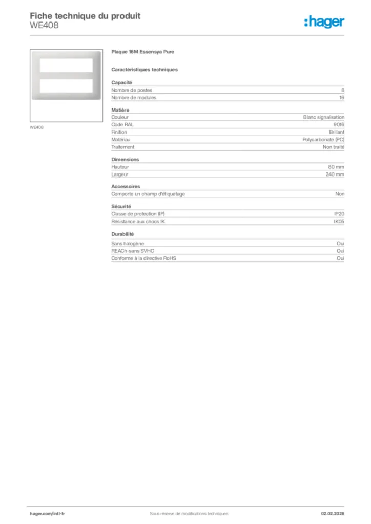 Image Hager Fiche technique du produit WE408 | Hager Afrique