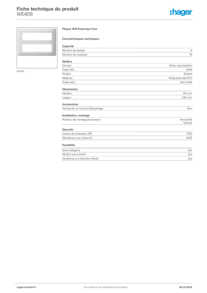 Image Hager Fiche technique du produit WE408 | Hager Afrique