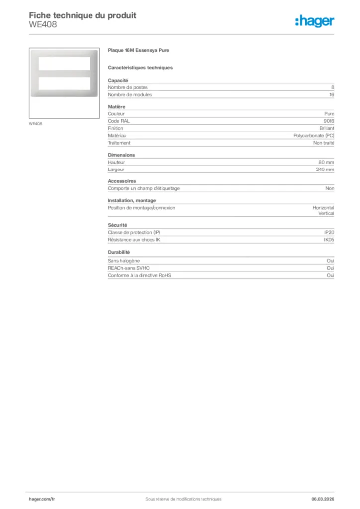 Image Hager Fiche technique du produit WE408 | Hager France
