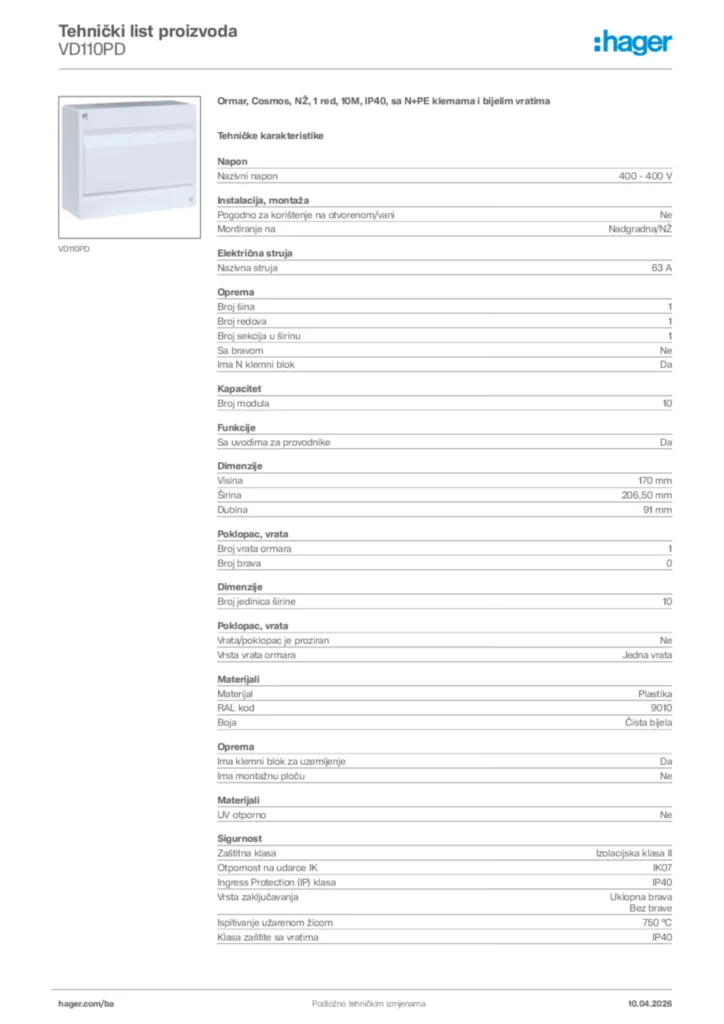 Slika Hager Tehnički list proizvoda VD110PD  | Hager