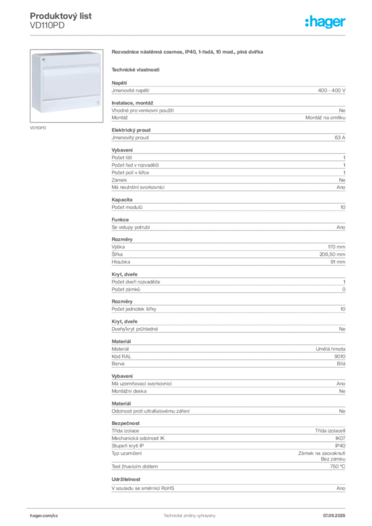 Obrázek Hager Produktový list VD110PD | Hager
