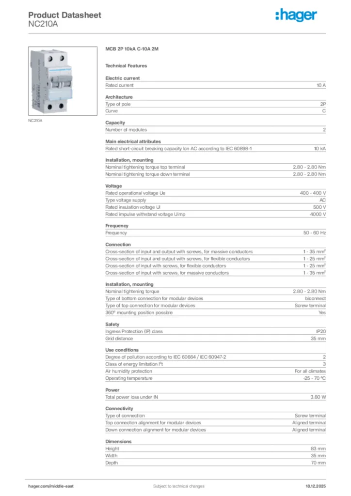 Image Hager Product data sheet NC210A  | Hager