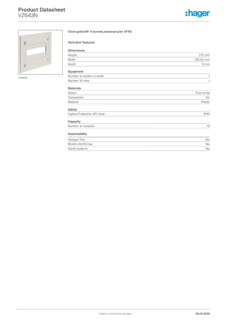 Image Hager Product data sheet VZ643N  | Hager Africa