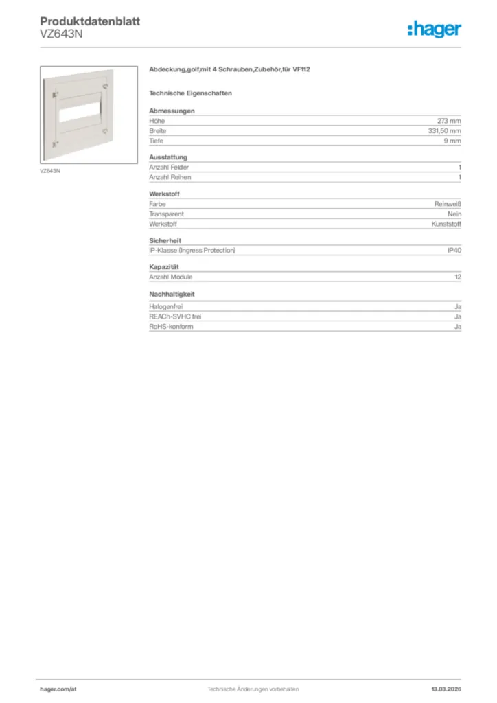 Bild Hager Produktdatenblatt VZ643N | Hager Deutschland