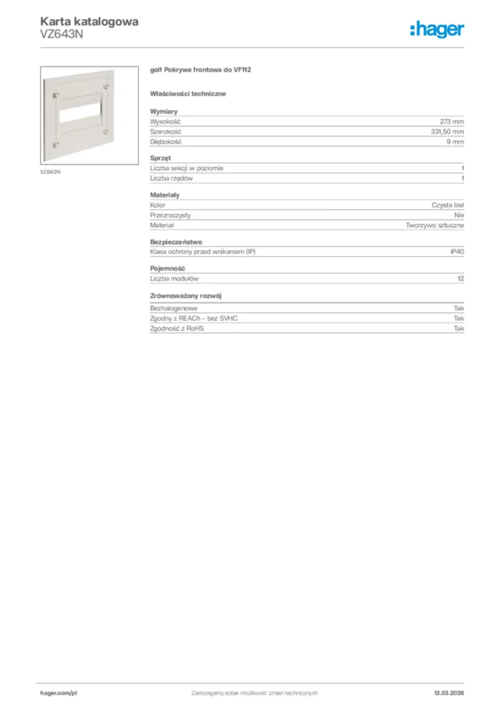 Zdjęcie Hager Karta katalogowa VZ643N | Hager Polska