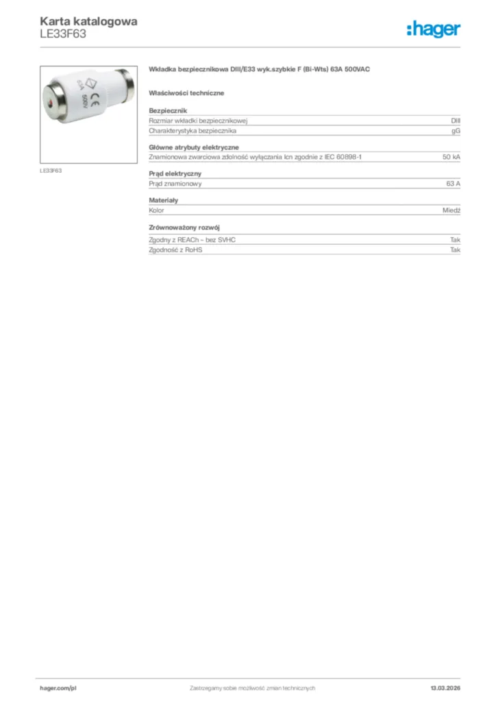 Zdjęcie Hager Karta katalogowa LE33F63 | Hager Polska