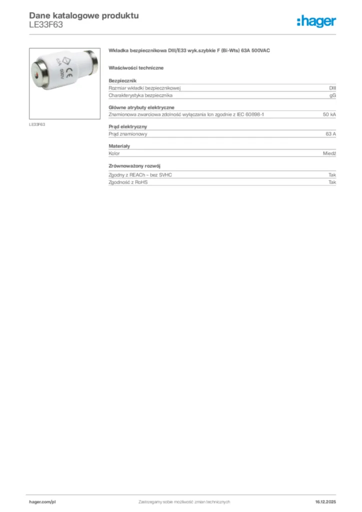 Zdjęcie Hager Karta katalogowa LE33F63 | Hager Polska