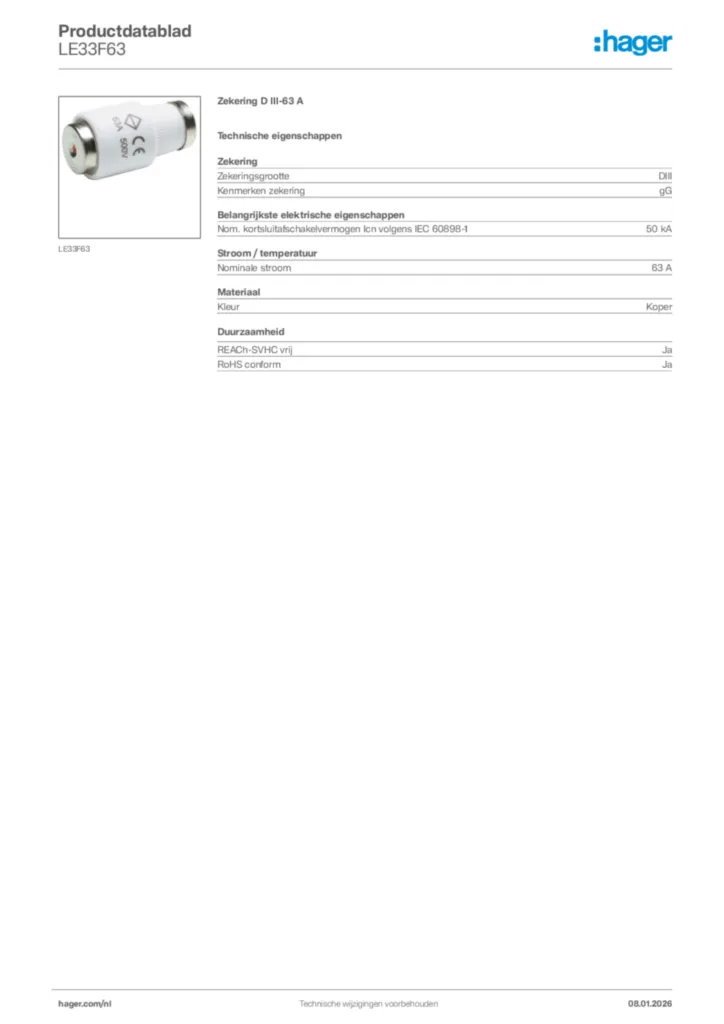 Afbeelding Hager Productdatablad LE33F63 | Hager Nederland