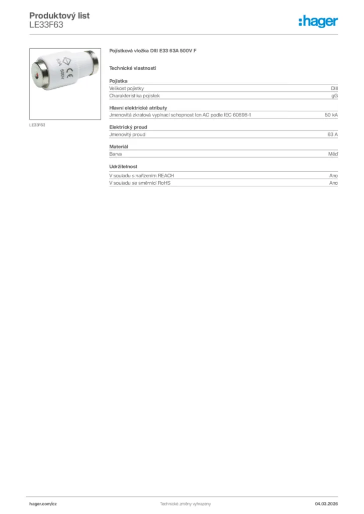 Obrázek Hager Product data sheet LE33F63 | Hager