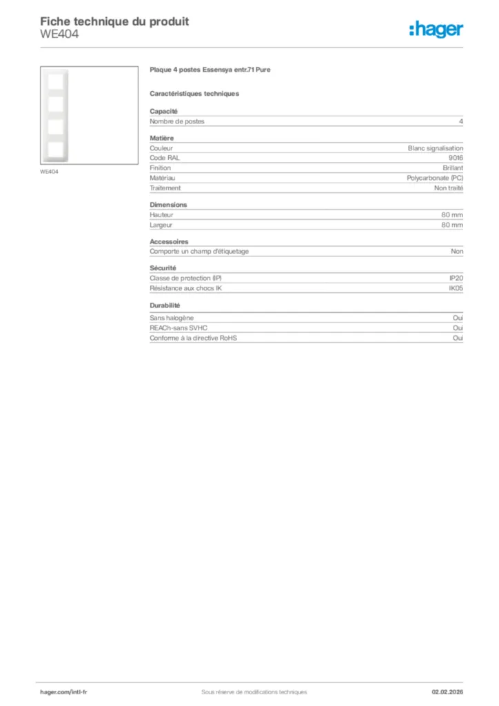 Image Hager Fiche technique du produit WE404 | Hager Afrique