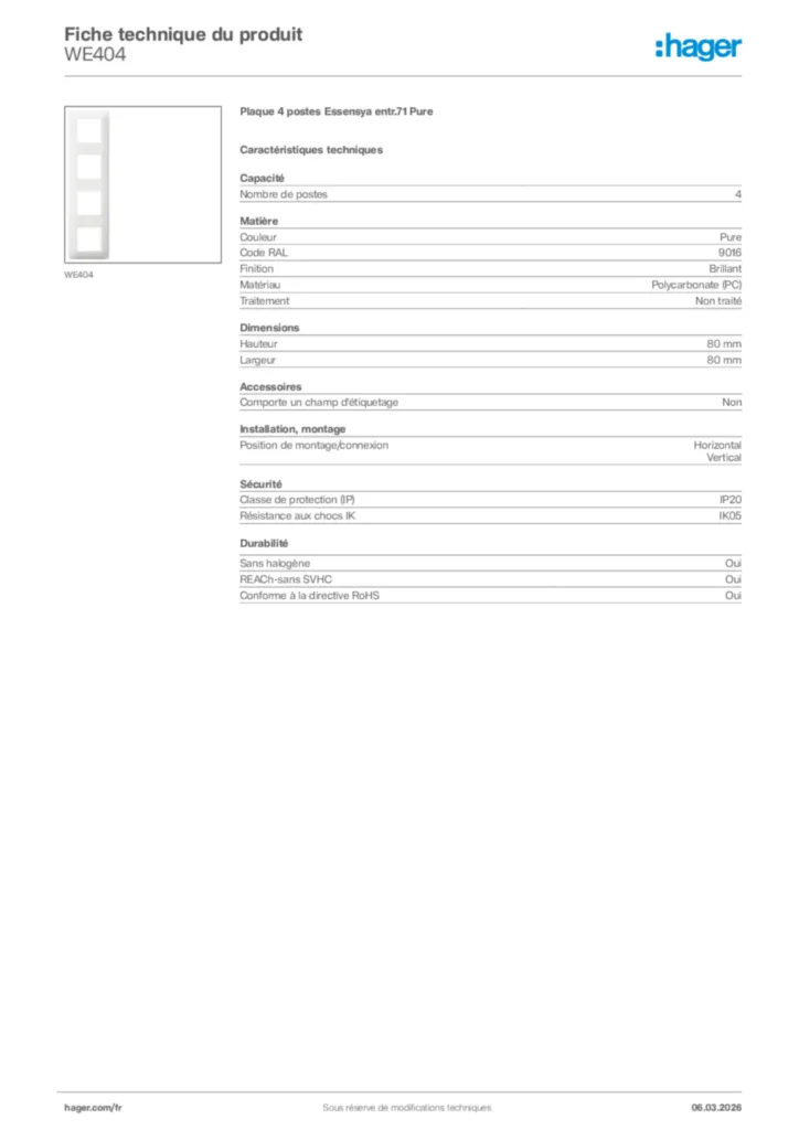 Image Hager Fiche technique du produit WE404 | Hager France