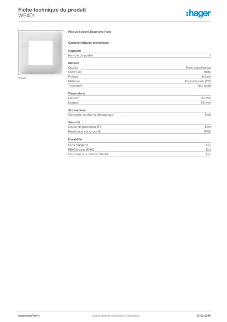 Image Hager Fiche technique du produit WE401 | Hager Afrique