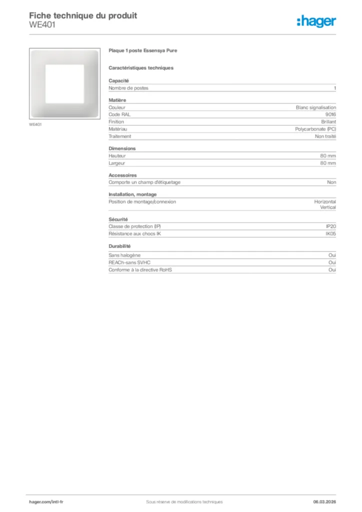 Image Hager Fiche technique du produit WE401 | Hager Afrique