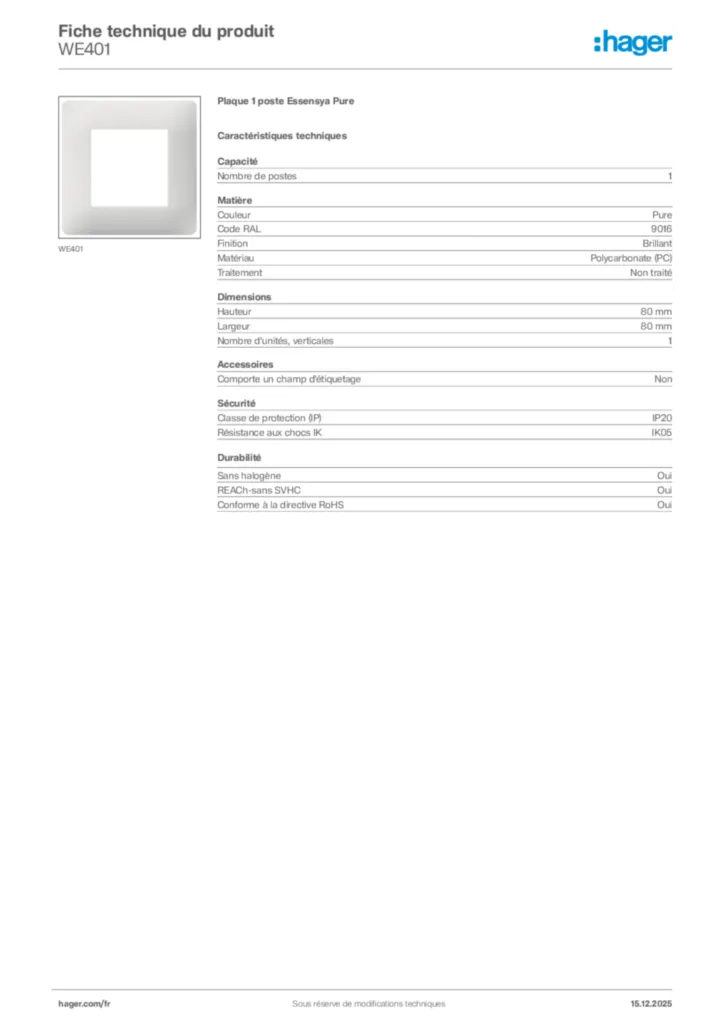 Image Hager Fiche technique du produit WE401 | Hager France