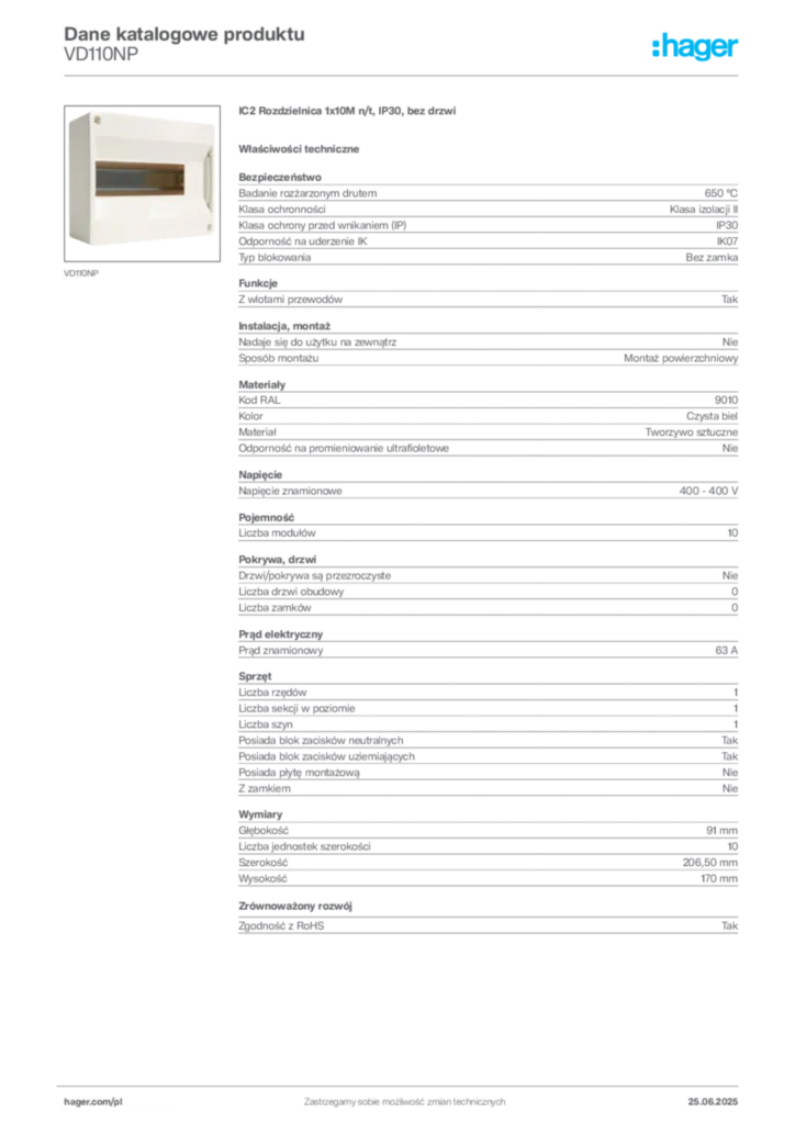 Zdjęcie Hager Karta katalogowa VD110NP | Hager Polska