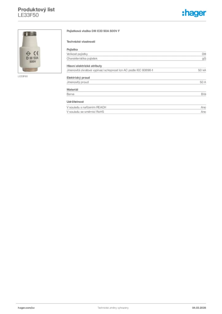 Obrázek Hager Product data sheet LE33F50 | Hager