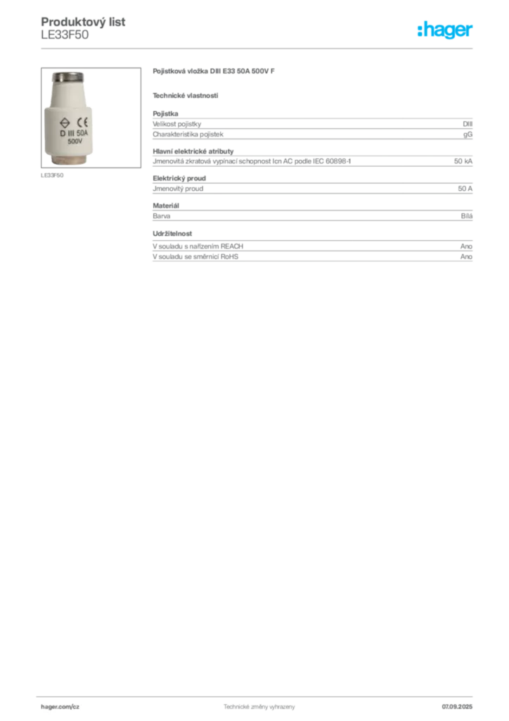 Obrázek Hager Produktový list LE33F50 | Hager
