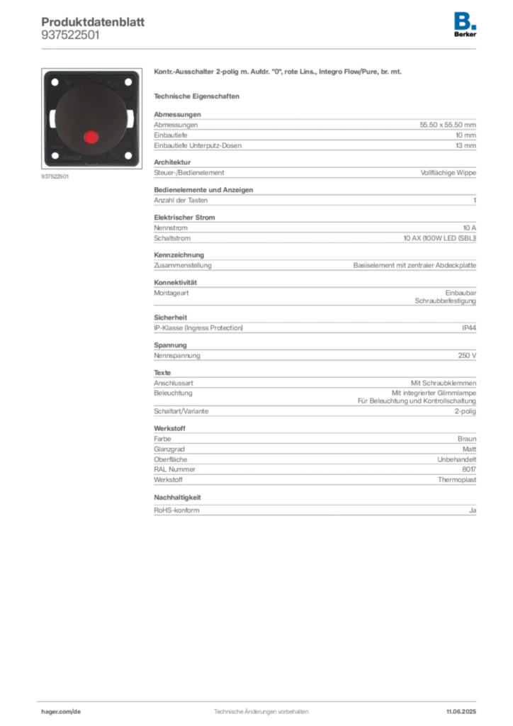 Bild Berker Produktdatenblatt 937522501 | Hager Deutschland
