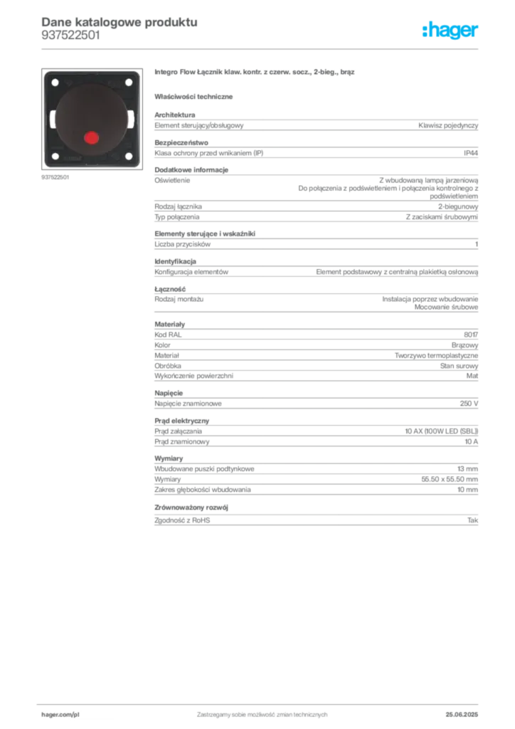 Zdjęcie Hager Karta katalogowa 937522501 | Hager Polska