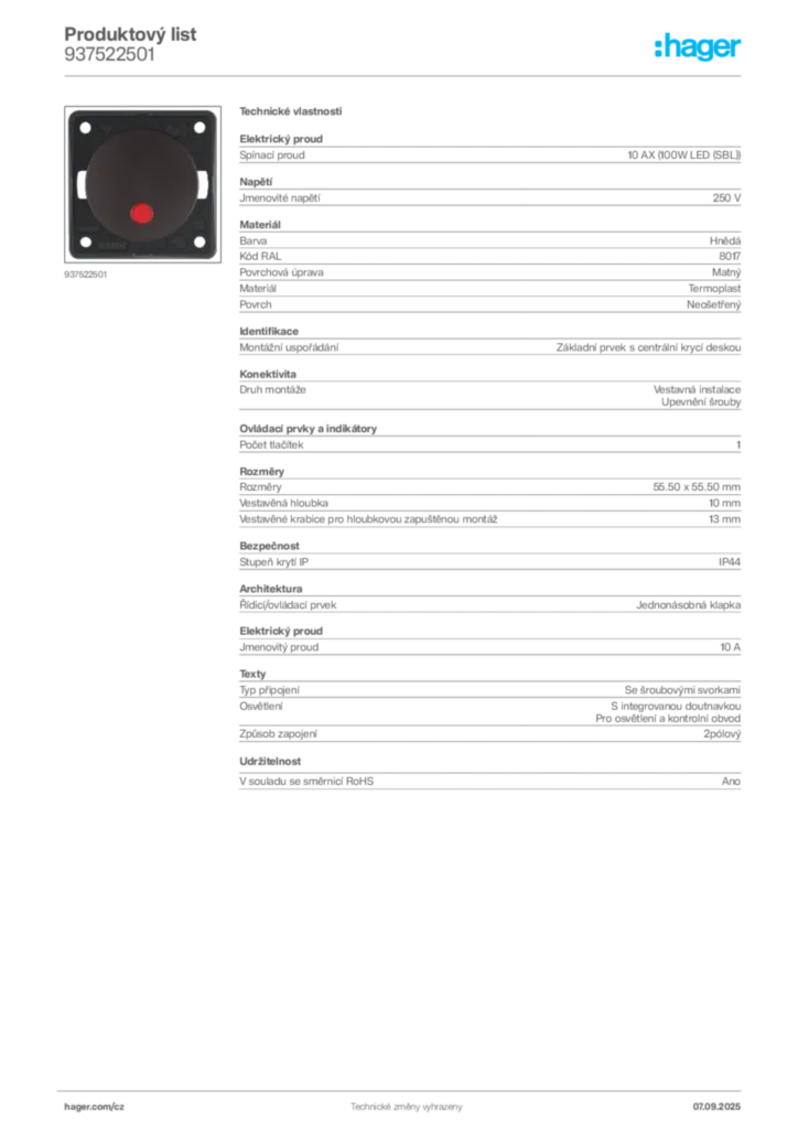 Obrázek Hager Produktový list 937522501 | Hager