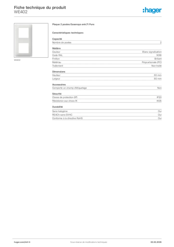 Image Hager Fiche technique du produit WE402 | Hager Afrique