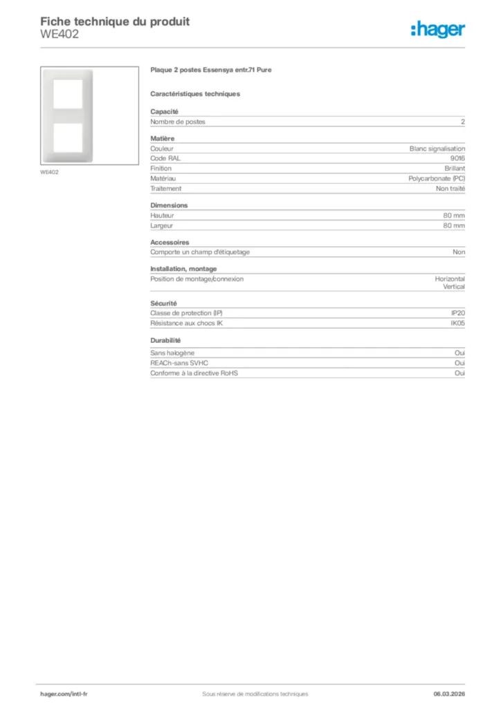 Image Hager Fiche technique du produit WE402 | Hager Afrique