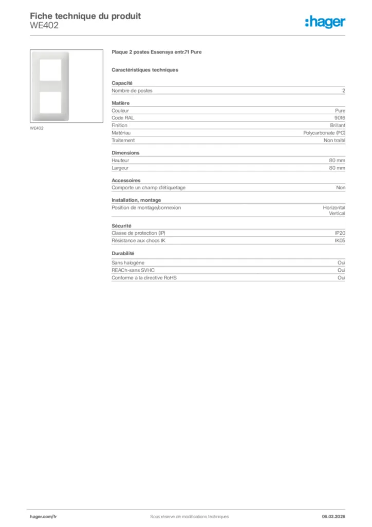 Image Hager Fiche technique du produit WE402 | Hager France