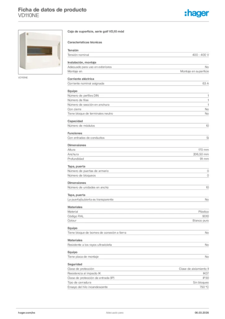 Imagen Hager Ficha de datos de producto VD110NE | Hager España