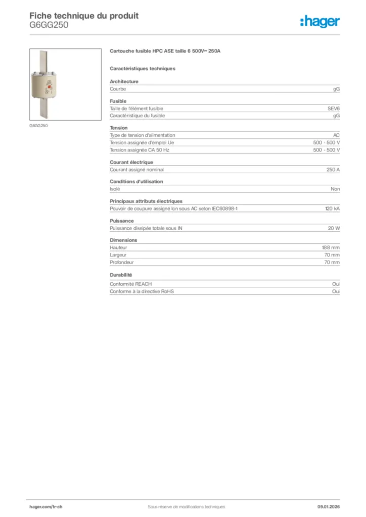 Image Hager Fiche technique du produit G6GG250 | Hager Suisse