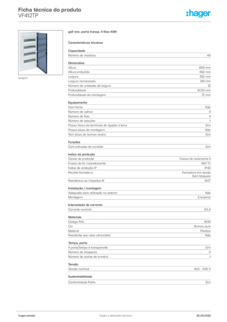 Imagem Hager Ficha técnica do produto VF412TP | Hager Portugal