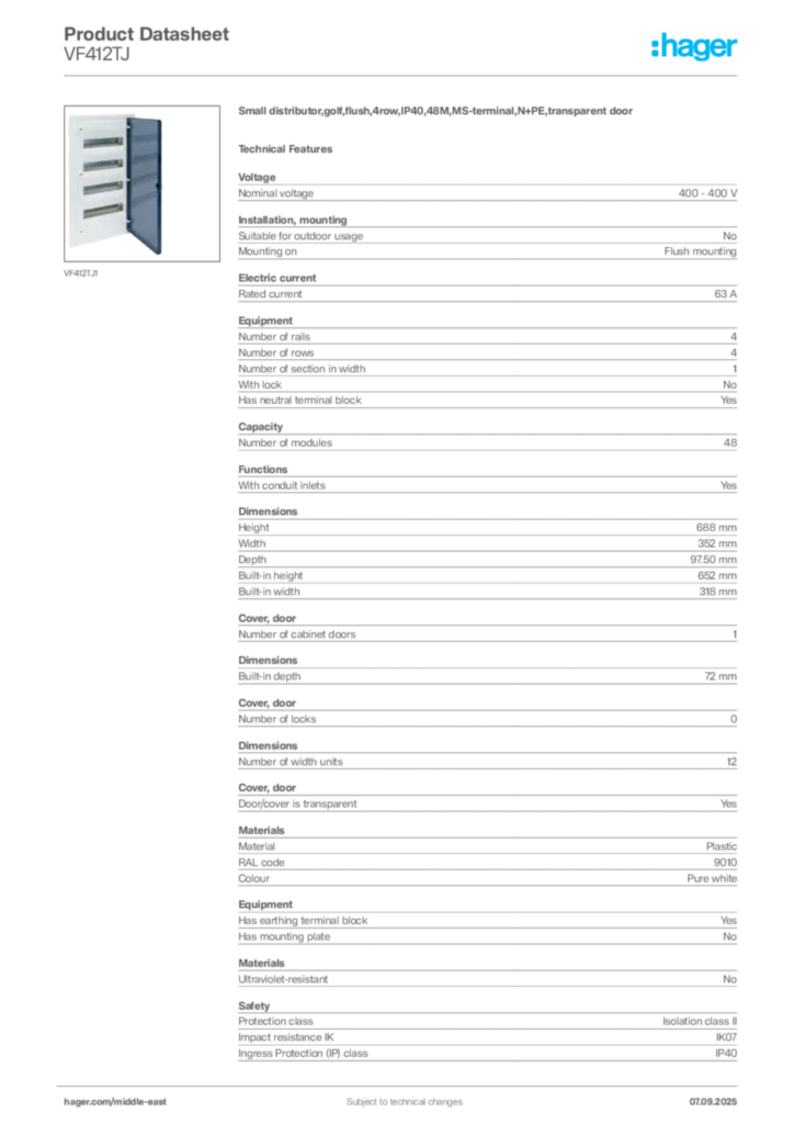 Image Hager Product data sheet VF412TJ  | Hager