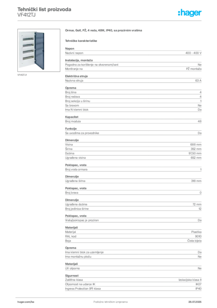 Slika Hager Product data sheet VF412TJ  | Hager