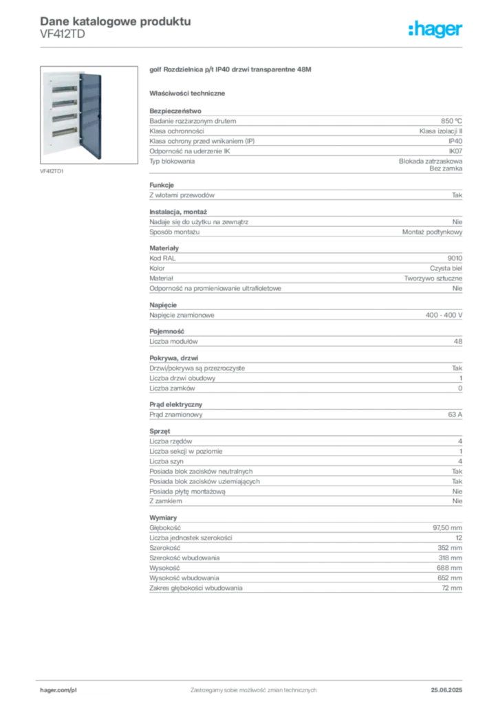 Zdjęcie Hager Karta katalogowa VF412TD | Hager Polska