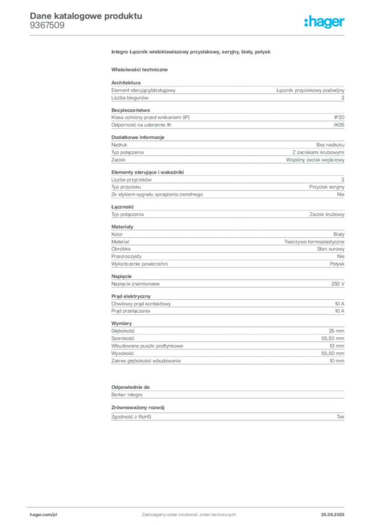 Zdjęcie Hager Karta katalogowa 9367509 | Hager Polska
