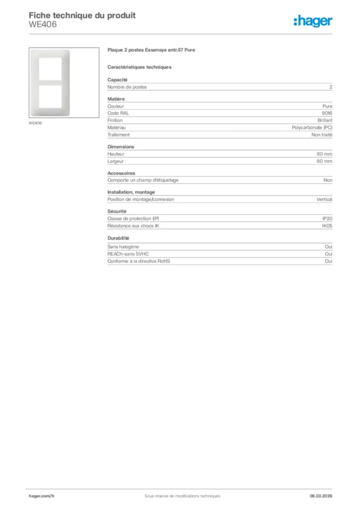 Image Hager Fiche technique du produit WE406 | Hager France