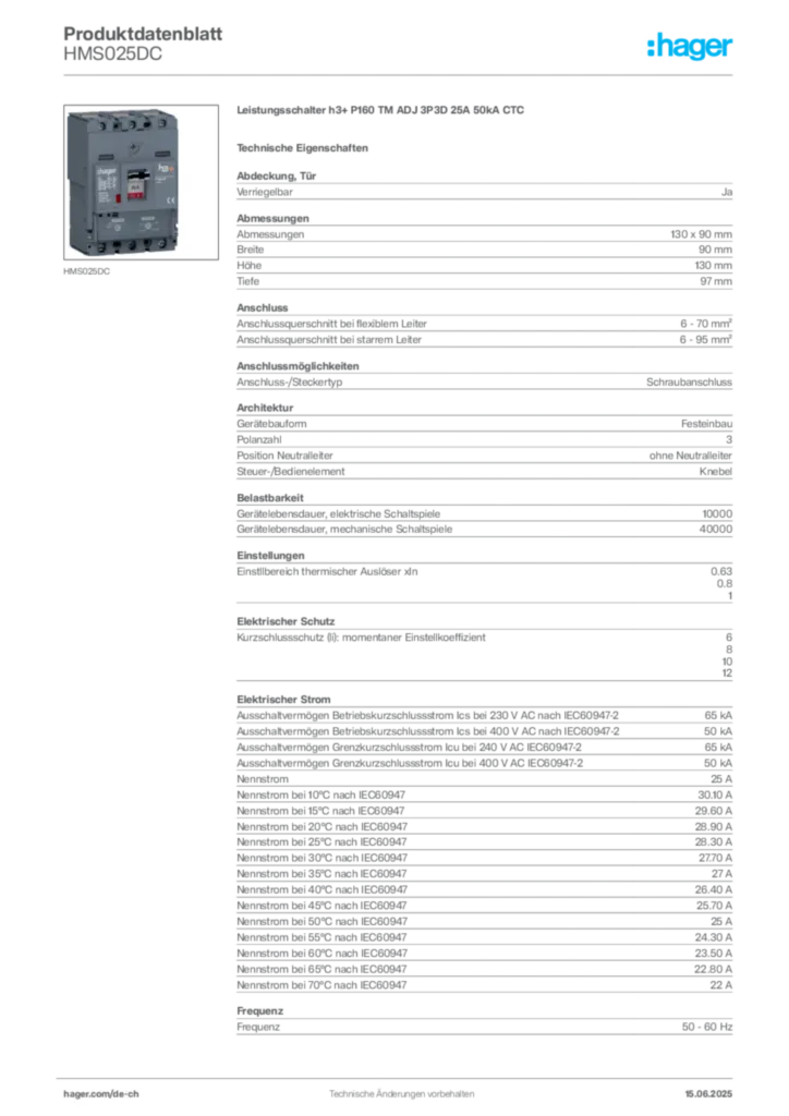 Bild Hager Produktdatenblatt HMS025DC | Hager Schweiz